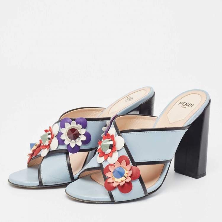 Pre Owned Fendi Blue/Black Leather Flowerland Slide Sandals Size 37