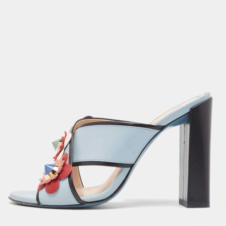 Pre Owned Fendi Blue/Black Leather Flowerland Slide Sandals Size 37