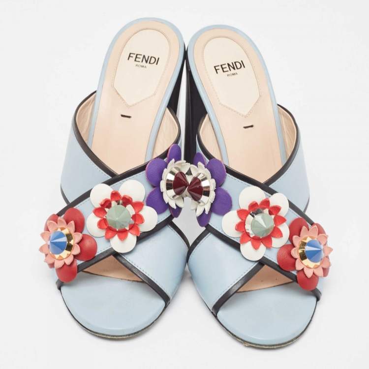 Pre Owned Fendi Blue/Black Leather Flowerland Slide Sandals Size 37