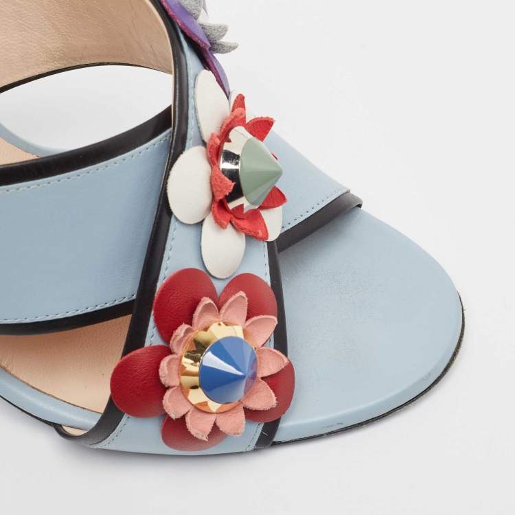 Pre Owned Fendi Blue/Black Leather Flowerland Slide Sandals Size 37