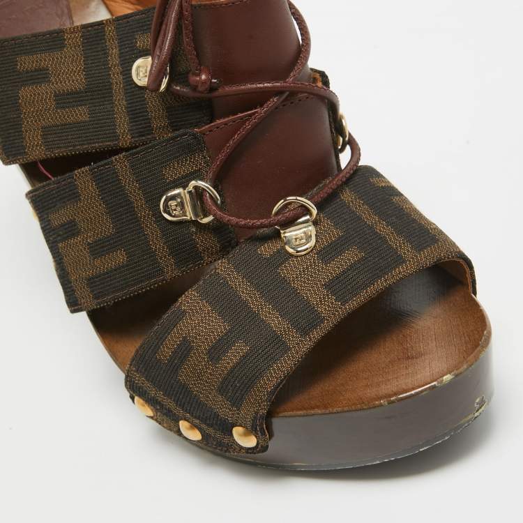 Pre Owned Fendi Brown Zucca Canvas and Leather Strappy Platform Sandals Size 39.5