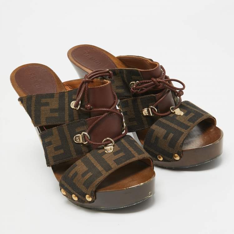 Pre Owned Fendi Brown Zucca Canvas and Leather Strappy Platform Sandals Size 39.5