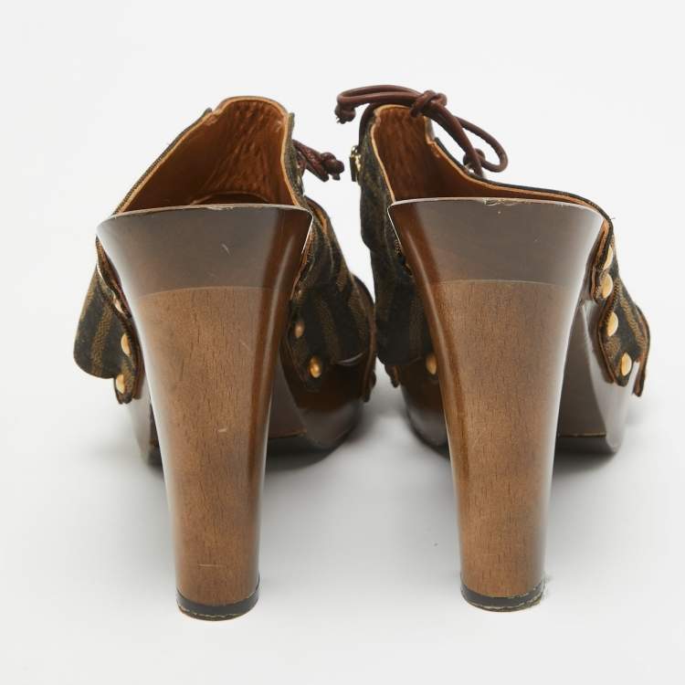 Pre Owned Fendi Brown Zucca Canvas and Leather Strappy Platform Sandals Size 39.5
