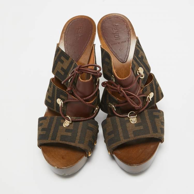 Pre Owned Fendi Brown Zucca Canvas and Leather Strappy Platform Sandals Size 39.5