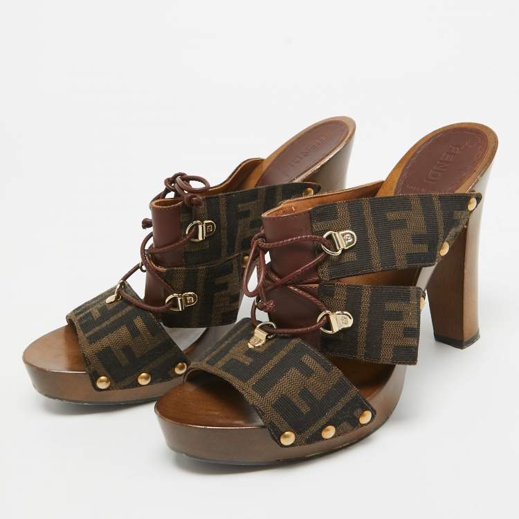 Pre Owned Fendi Brown Zucca Canvas and Leather Strappy Platform Sandals Size 39.5
