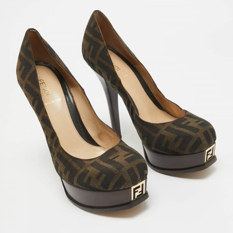 Pre Owned Fendi Brown Zucca Canvas Fendista Platform Pumps Size 39