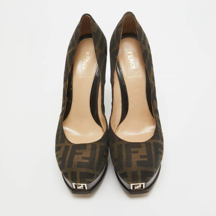 Pre Owned Fendi Brown Zucca Canvas Fendista Platform Pumps Size 39