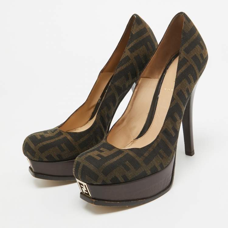 Pre Owned Fendi Brown Zucca Canvas Fendista Platform Pumps Size 39