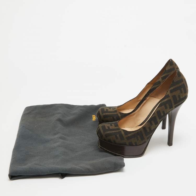 Pre Owned Fendi Brown Zucca Canvas Fendista Platform Pumps Size 39