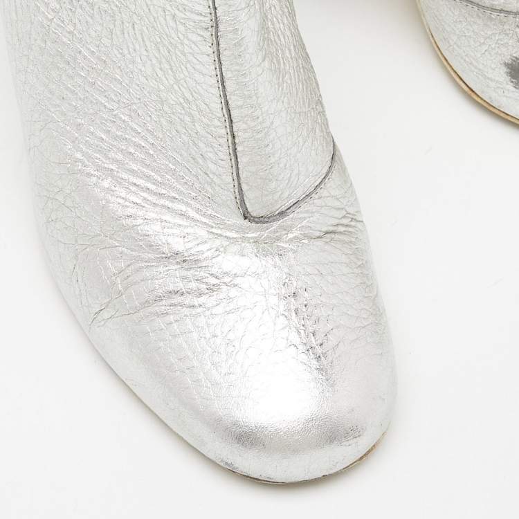 Pre Owned Fendi Silver Leather Marie Antoinette Ankle Boots Size 37