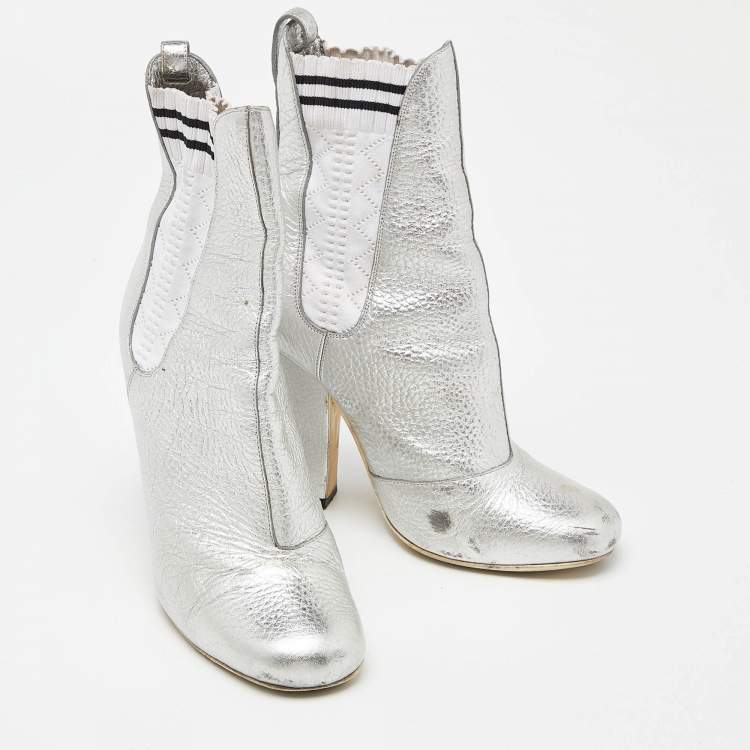 Pre Owned Fendi Silver Leather Marie Antoinette Ankle Boots Size 37