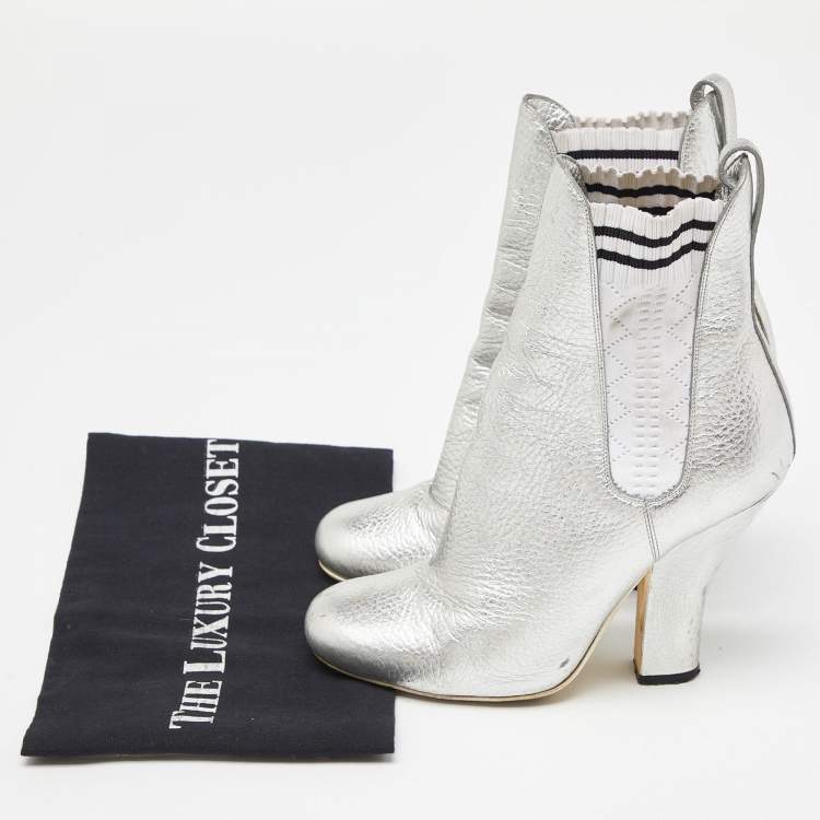 Pre Owned Fendi Silver Leather Marie Antoinette Ankle Boots Size 37