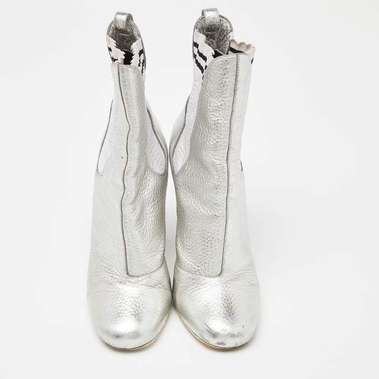 Pre Owned Fendi Silver Leather Marie Antoinette Ankle Boots Size 37