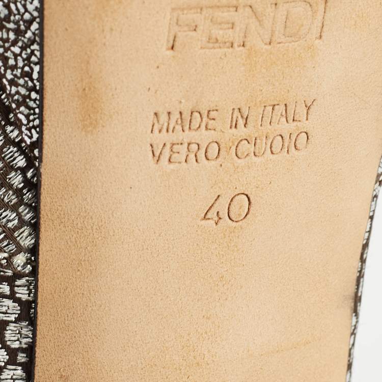 Pre Owned Fendi Silver/Grey Brocade Fabric and Suede Bow Open Toe Platform Pumps Size 40