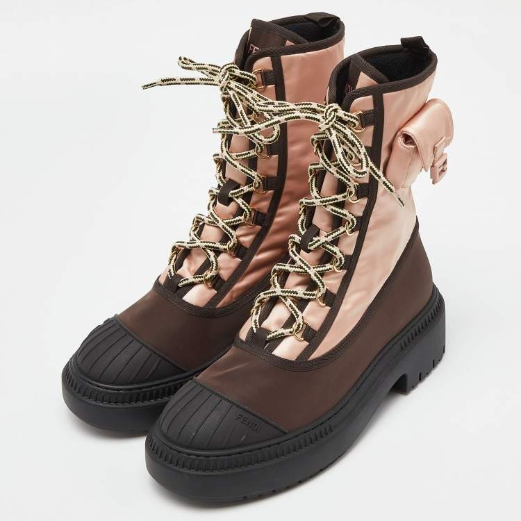 Fendi Pink Brown Satin and Nylon Combat Boots Size 40 Fendi TLC