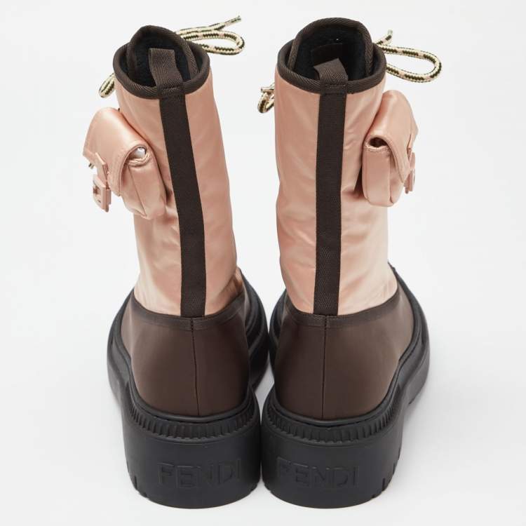 Pre Owned Fendi Pink/Brown Satin and Nylon Combat Boots Size 40