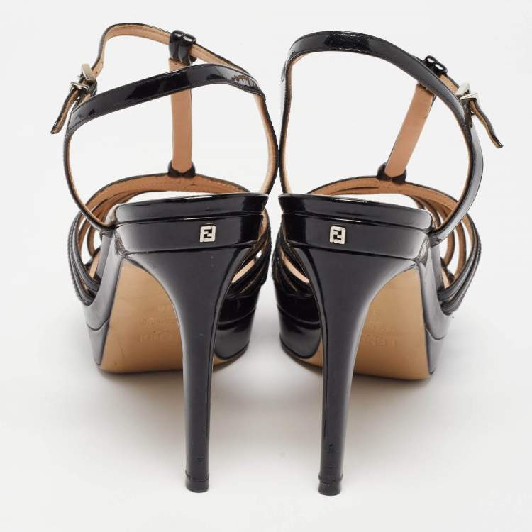 Pre Owned Fendi Black Patent Leather Strappy T-Bar Platform Sandals Size 38