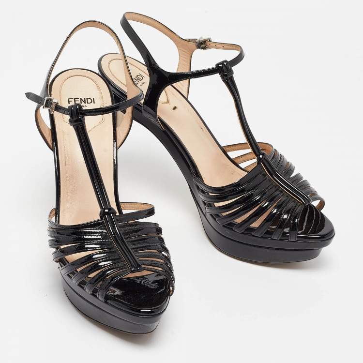 Pre Owned Fendi Black Patent Leather Strappy T-Bar Platform Sandals Size 38