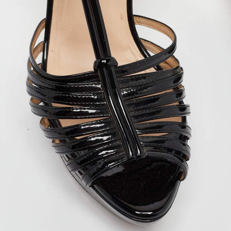 Pre Owned Fendi Black Patent Leather Strappy T-Bar Platform Sandals Size 38