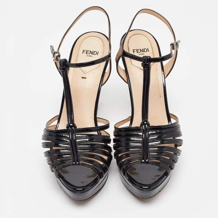 Pre Owned Fendi Black Patent Leather Strappy T-Bar Platform Sandals Size 38