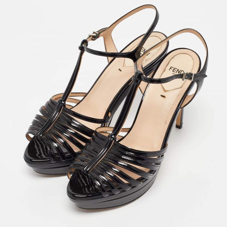 Pre Owned Fendi Black Patent Leather Strappy T-Bar Platform Sandals Size 38