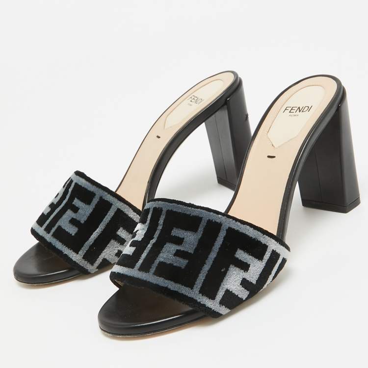 Pre Owned Fendi Black/Blue Zucca Velvet and Leather Slide Sandals Size 36