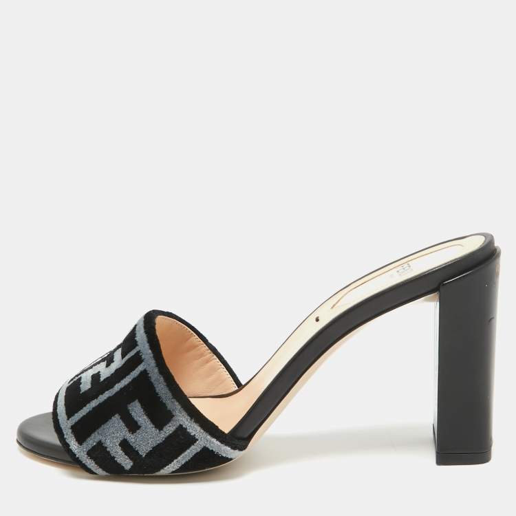 Pre Owned Fendi Black/Blue Zucca Velvet and Leather Slide Sandals Size 36