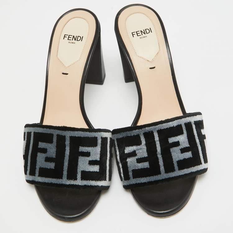 Pre Owned Fendi Black/Blue Zucca Velvet and Leather Slide Sandals Size 36