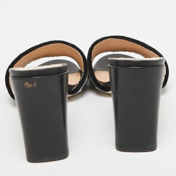 Pre Owned Fendi Black/Blue Zucca Velvet and Leather Slide Sandals Size 36