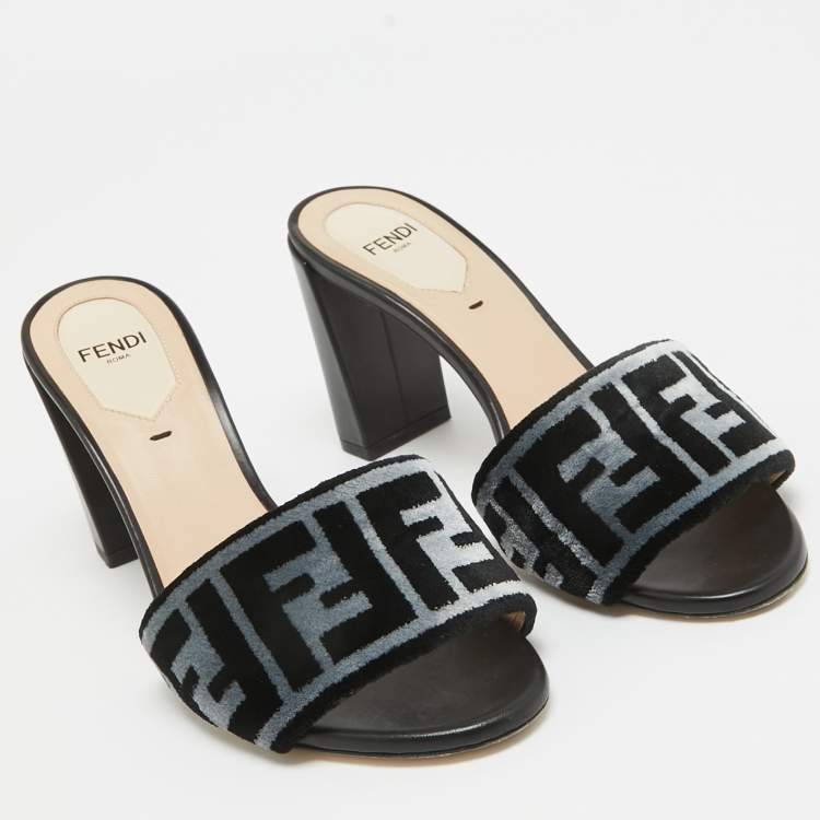 Pre Owned Fendi Black/Blue Zucca Velvet and Leather Slide Sandals Size 36