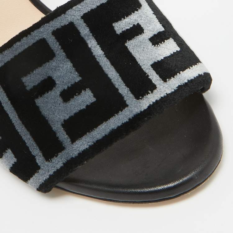 Pre Owned Fendi Black/Blue Zucca Velvet and Leather Slide Sandals Size 36