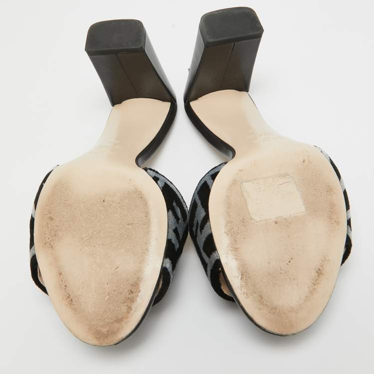 Pre Owned Fendi Black/Blue Zucca Velvet and Leather Slide Sandals Size 36