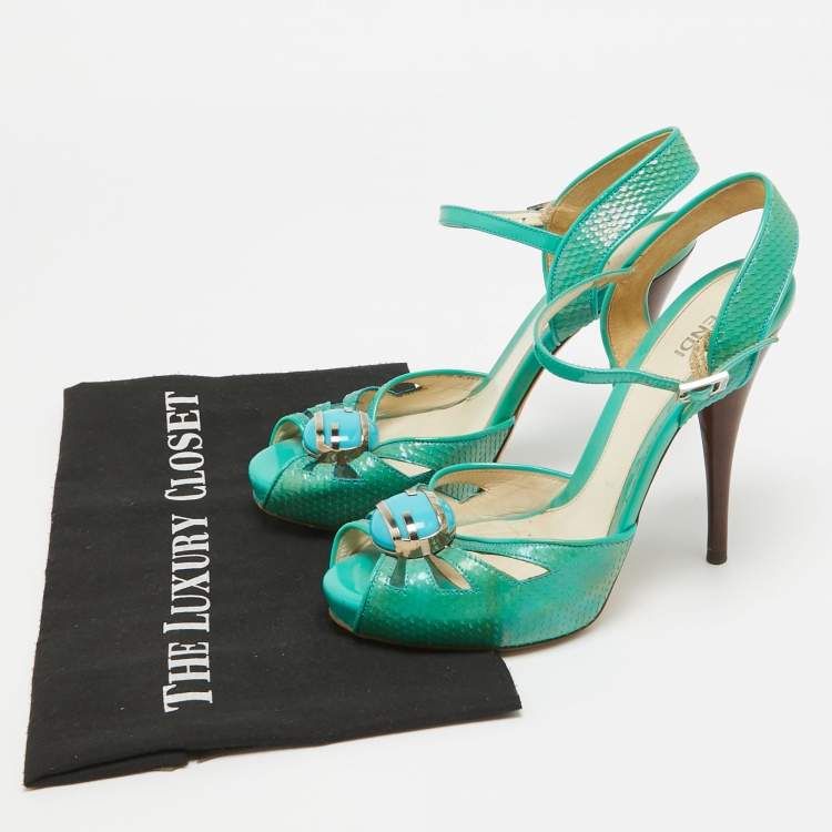 Pre Owned Fendi Turquoise Snake Embossed Slingback Platform Sandals Size 37