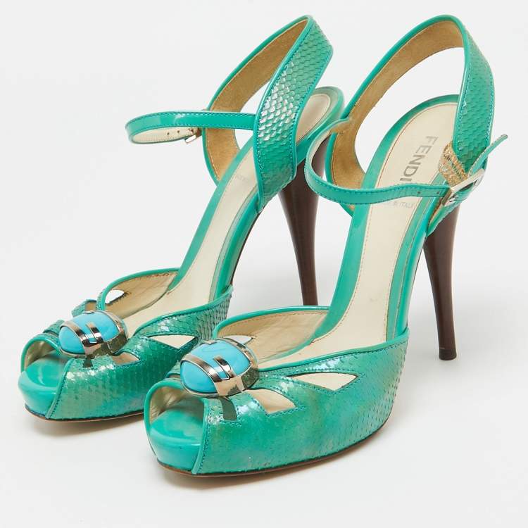 Pre Owned Fendi Turquoise Snake Embossed Slingback Platform Sandals Size 37
