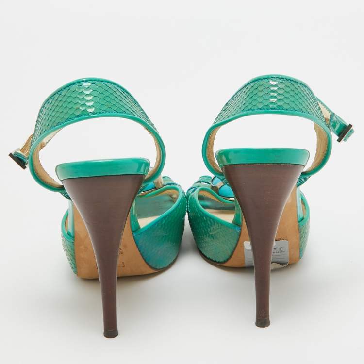Pre Owned Fendi Turquoise Snake Embossed Slingback Platform Sandals Size 37