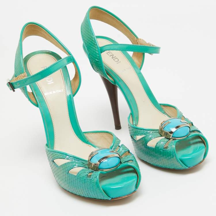 Pre Owned Fendi Turquoise Snake Embossed Slingback Platform Sandals Size 37