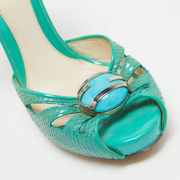 Pre Owned Fendi Turquoise Snake Embossed Slingback Platform Sandals Size 37