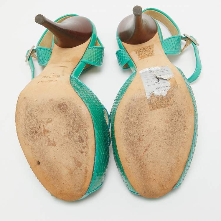 Pre Owned Fendi Turquoise Snake Embossed Slingback Platform Sandals Size 37