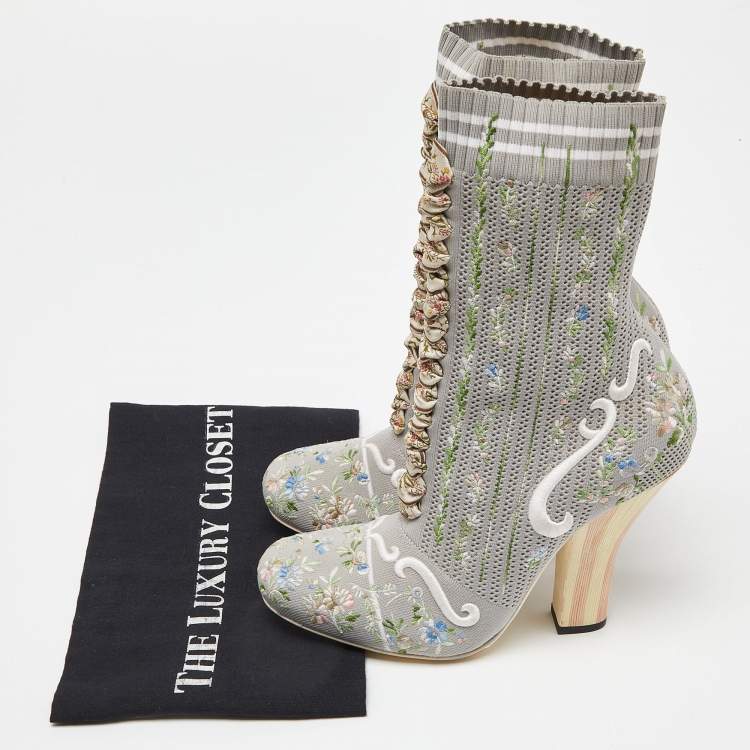 مملوكة مسبقًا Fendi Grey Floral Embroidered Knit Fabric Sock Ankle Boots Size 39