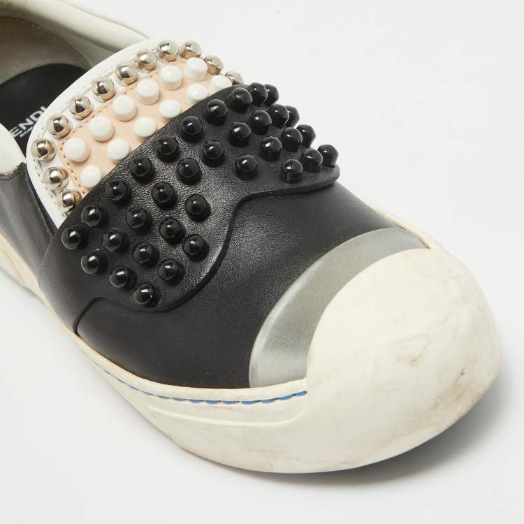 Pre Owned Fendi Black/White Leather Studded Karl Lover Slip On Sneakers Size 37