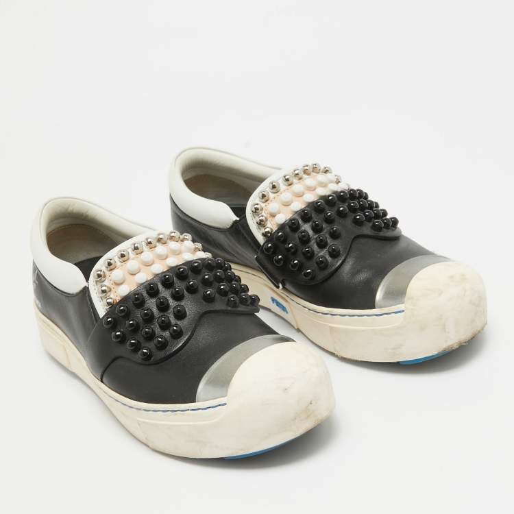 Pre Owned Fendi Black/White Leather Studded Karl Lover Slip On Sneakers Size 37