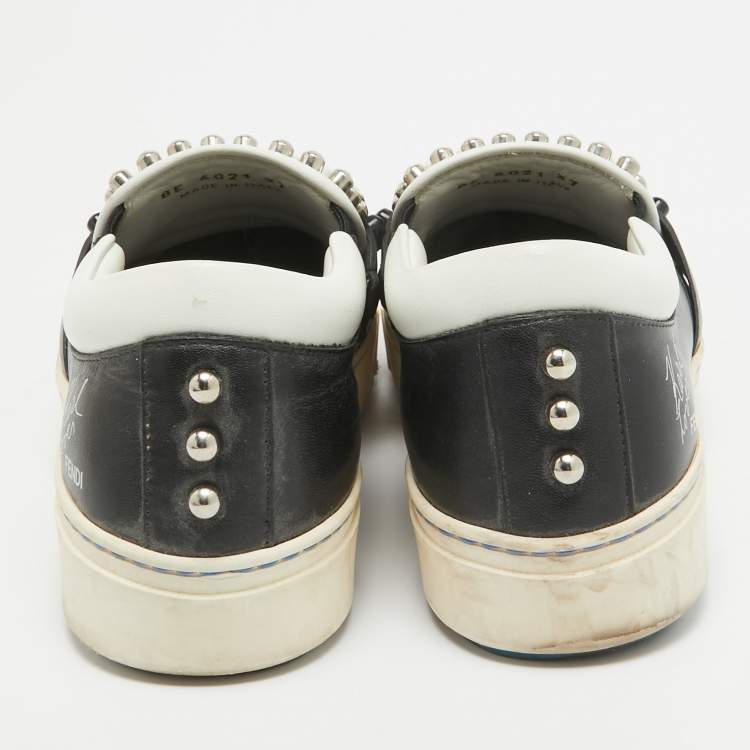 Pre Owned Fendi Black/White Leather Studded Karl Lover Slip On Sneakers Size 37