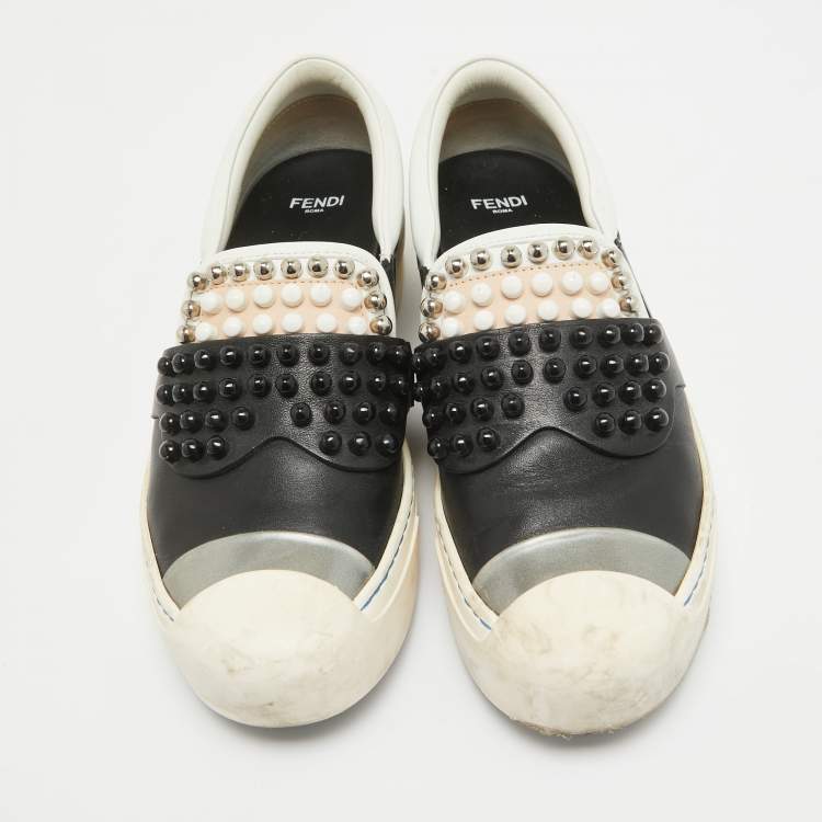 Pre Owned Fendi Black/White Leather Studded Karl Lover Slip On Sneakers Size 37