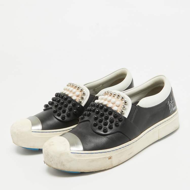 Pre Owned Fendi Black/White Leather Studded Karl Lover Slip On Sneakers Size 37