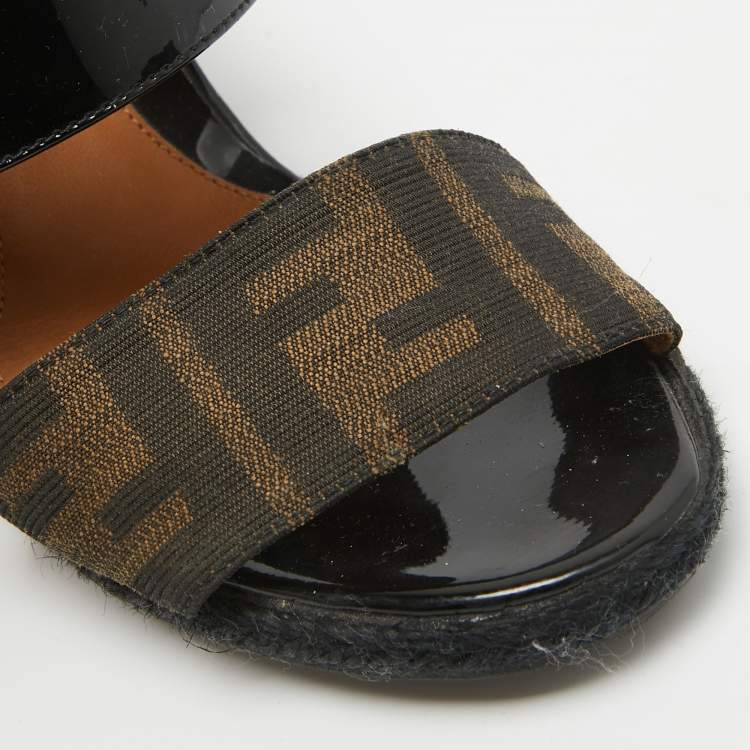 Pre Owned Fendi Brown/Black Zucca Canvas and Patent Leather Wedge Sandals Size 35