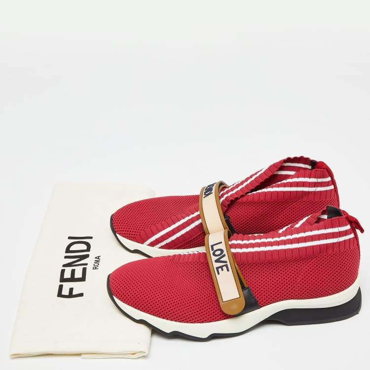 Pre Owned Fendi Red Mesh Rockoko Velcro Strap Slip On Sneakers Size 38