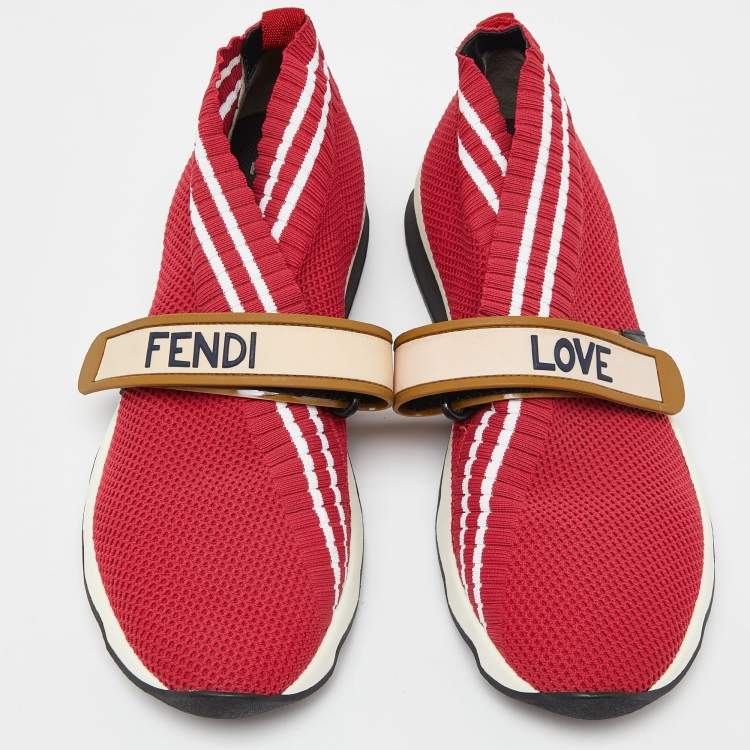 Pre Owned Fendi Red Mesh Rockoko Velcro Strap Slip On Sneakers Size 38