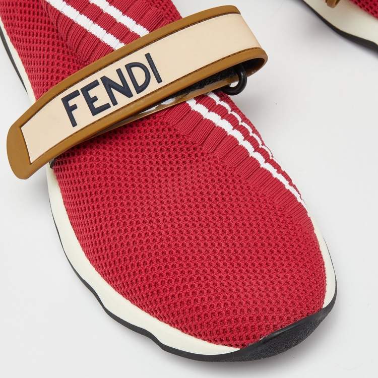 Pre Owned Fendi Red Mesh Rockoko Velcro Strap Slip On Sneakers Size 38
