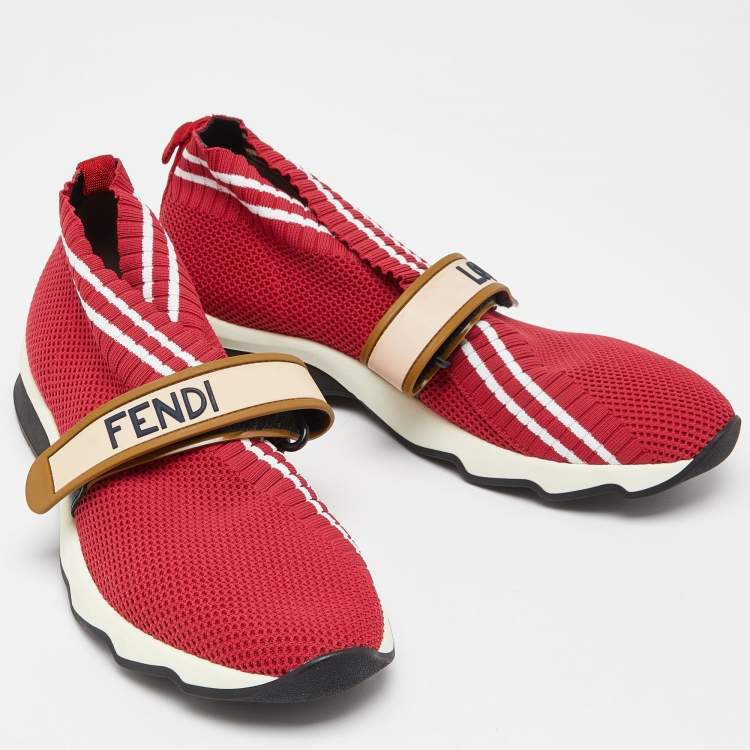 Pre Owned Fendi Red Mesh Rockoko Velcro Strap Slip On Sneakers Size 38