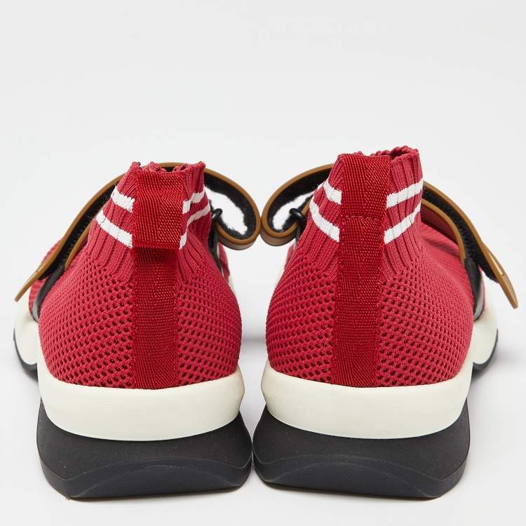 Pre Owned Fendi Red Mesh Rockoko Velcro Strap Slip On Sneakers Size 38